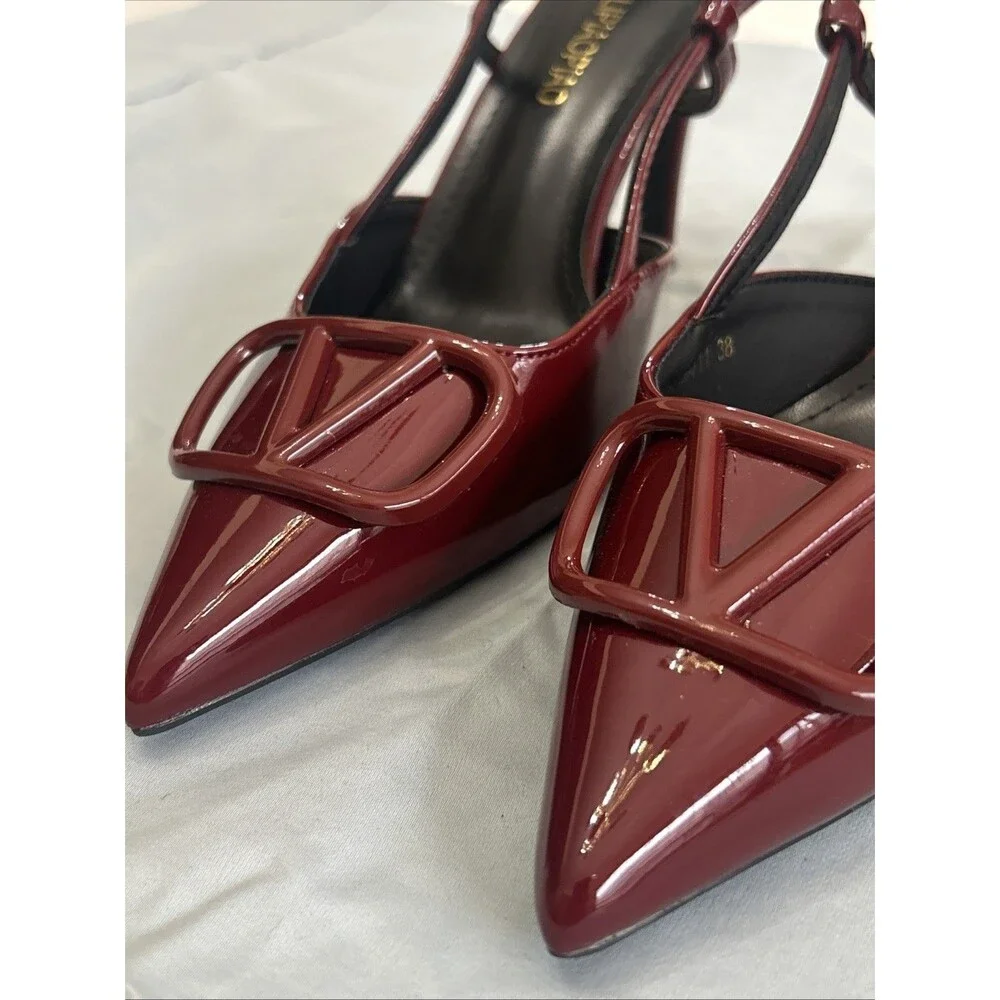 Cherry Red Patent Leather, Pointed Toe, V-Logo Slingback Pumps Sz 38